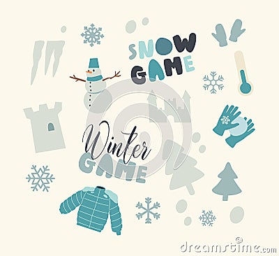 Set of Icons Snow Fun and Winter Games Theme. Snowman, Fir Tree and Ice Tower, Warm Clothes, Snowflakes and Icicles Vector Illustration