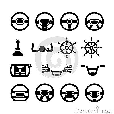Set icons of steering wheel, marine steering, helm, bicycle and motorcycle handlebar Vector Illustration