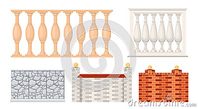 Set of Icons Stone and Marble Fences, Balustrade Sections Made of Brick. Balcony Panels, Stairway or Terrace Fencing Vector Illustration