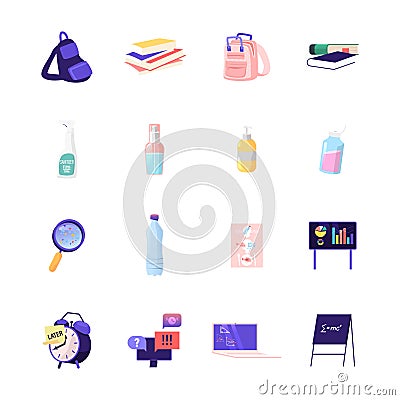 Set of Icons Student Rucksack, Books and School Textbooks, Sanitizer Bottles, Plastic Pollution, Statistics Charts Vector Illustration