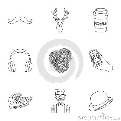 A set of icons about the style of a hipster. A peculiar youth style. Hipster style icon in set collection on outline Vector Illustration