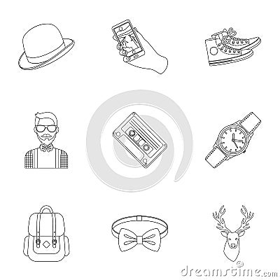 A set of icons about the style of a hipster. A peculiar youth style. Hipster style icon in set collection on outline Vector Illustration