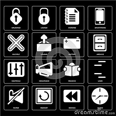 Set of Clock, Rewind, Muted, Reading, Controls, Battery, Multiply, Notepad, Unlocked icons Vector Illustration