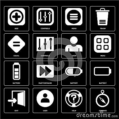 Set of Compass, Help, Exit, Battery, User, Equal, Menu, Add icon Stock Photo