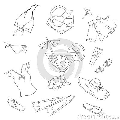 A set of icons of summer things for a beach holiday Vector Illustration