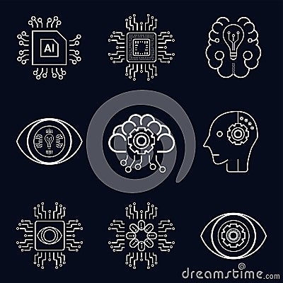 Set of 9 icons, symbols for AI concept vector, illustration design. Nine artificial intelligent icons on dark background Cartoon Illustration