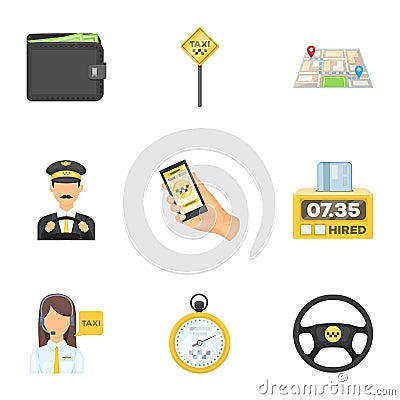 Set of icons about the taxi. A call taxi driver, Parking. Transportation around the city.Taxi icon in set collection on Vector Illustration