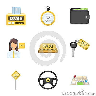 Set of icons about the taxi. A call taxi driver, Parking. Transportation around the city.Taxi icon in set collection on Vector Illustration