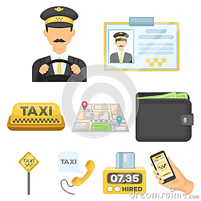 Set of icons about the taxi. A call taxi driver, Parking. Transportation around the city.Taxi icon in set collection on Vector Illustration