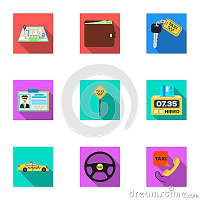 Set of icons about the taxi. A call taxi driver, Parking. Transportation around the city.Taxi icon in set collection on Vector Illustration