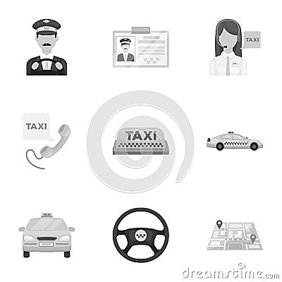 Set of icons about the taxi. A call taxi driver, Parking. Transportation around the city.Taxi icon in set collection on Vector Illustration