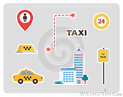 Set of icons for a taxi. car, home, signs, labels with strokes. flat design. Vector Illustration