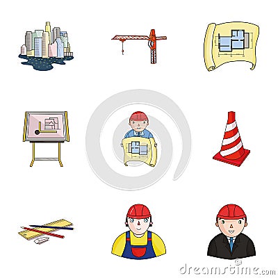 A set of icons on the theme of construction and architects. Builders, architects, and subjects for construction Vector Illustration