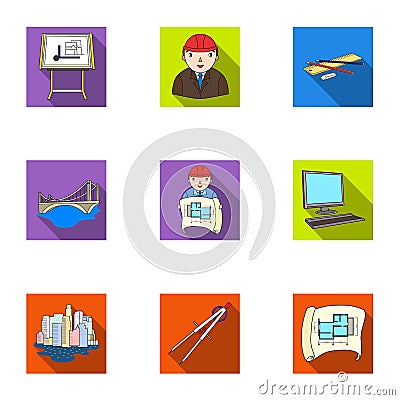 A set of icons on the theme of construction and architects. Builders, architects, and subjects for construction Vector Illustration