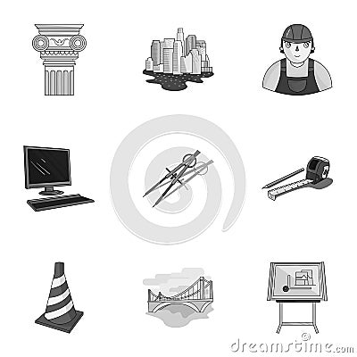 A set of icons on the theme of construction and architects. Builders, architects, and subjects for construction Vector Illustration