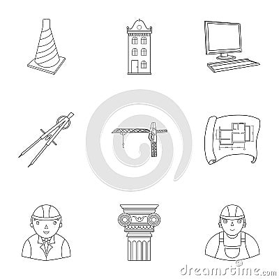 A set of icons on the theme of construction and architects. Builders, architects, and subjects for construction Vector Illustration