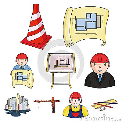 A set of icons on the theme of construction and architects. Builders, architects, and subjects for construction Vector Illustration