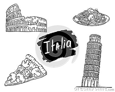 A set of icons on the theme of Italy, pasta, pizza, colosseum. Vector graphics Vector Illustration