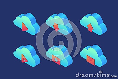 Set of icons on topic of cloud storage: player, download, download, audio, video and mail. Vector Illustration