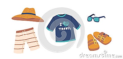 Set of Icons Traveler Items Backpack, Swimming Shorts, Sandals, T-shirt, Hat and Sunglasses Isolated on White Background Vector Illustration