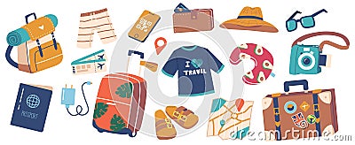 Set Icons with Traveler Items Backpack, Swimming Shorts, Smartphone with Qr Code, Passport, Suitcase and Mobile Charger Vector Illustration