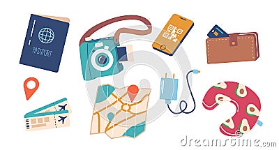 Set of Icons with Traveler Items Smartphone with Qr Code, Passport, Mobile Charger. Map, Photo Camera and Pillow, Ticket Vector Illustration