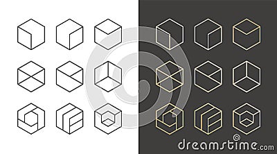 Set of 9 icons, trendy golden logo. Linear design elements. Hexagon vector illustration Vector Illustration