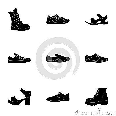 A set of icons on a variety of shoes.Different shoes single icon in black style vector symbol stock illustration. Vector Illustration