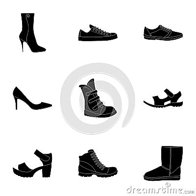 A set of icons on a variety of shoes.Different shoes single icon in black style vector symbol stock illustration. Vector Illustration