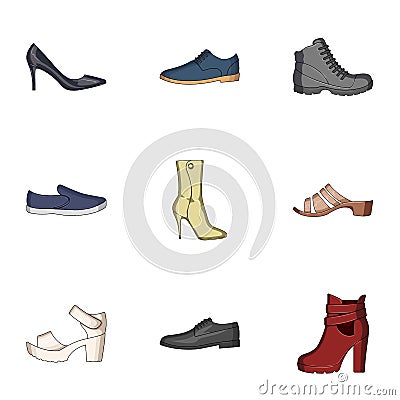 A set of icons on a variety of shoes.Different shoes single icon in cartoon style vector symbol stock illustration. Vector Illustration