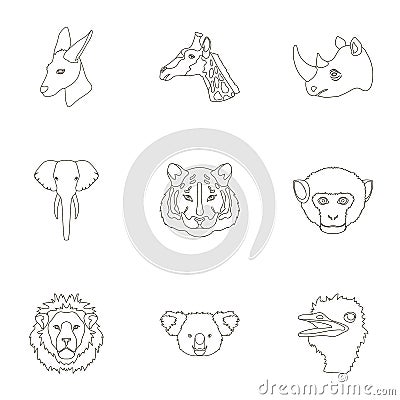 A set of icons of wild animals. Predatory and peaceful wild animals.Realistic animal icon in set collection on outline Vector Illustration