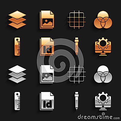 Set ID File document, RGB and CMYK color mixing, Computer monitor gear, Pencil with eraser, Ruler, Grid graph paper Vector Illustration