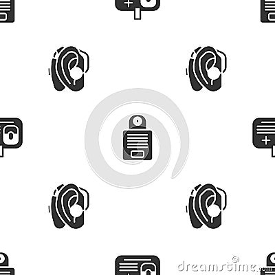 Set Identification badge, Intercom and Hearing aid on seamless pattern. Vector Stock Photo