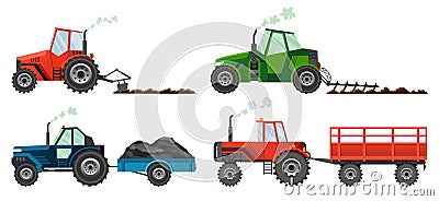 Set if farm tractors cultivates the land or carries a trailer. Heavy agricultural machinery for field work transport for Vector Illustration