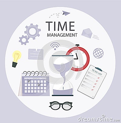 Set if items for time management concept planning, organization, working time Vector Illustration