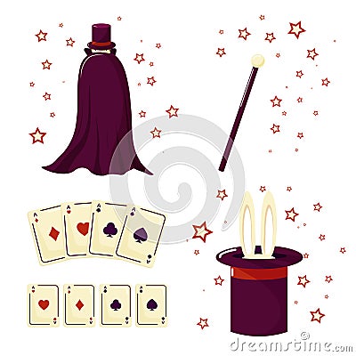 A set of the illusionist. Magician, rabbit, cards and magic wand. Stock Photo