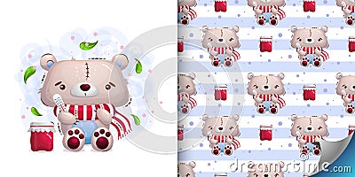 Set of illustration of cute sick teddy bear in a scarf and seamless pattern. Vector child illustration on a white Vector Illustration