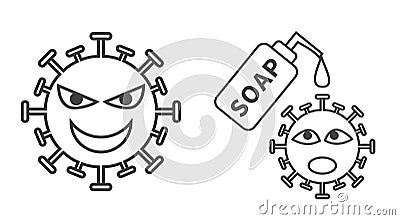A set of illustration for an evil corona virus left and a corona virus scared of soap right. Cartoon Illustration