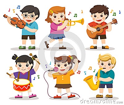 Set Illustration of Kids Playing Musical instruments. Vector Illustration