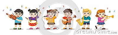 Set Illustration of Kids Playing Musical instruments. Vector Illustration