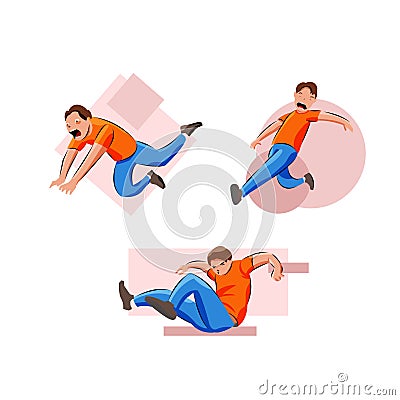 Set illustration of man slipping falling in wet floor Vector Illustration