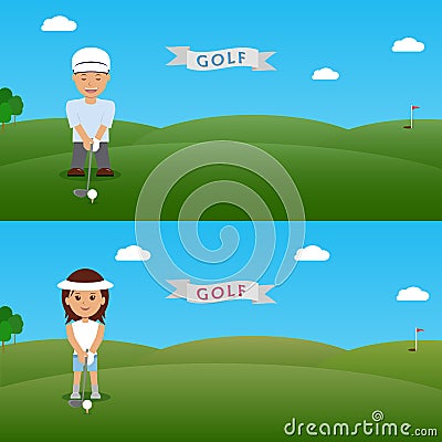 Set illustration man and woman golfer. Vector Illustration