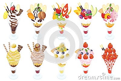 Set illustration of the parfait of marron, chocolate and fruits. Vector Illustration