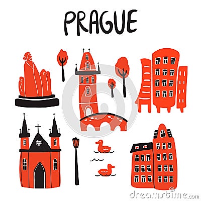 Set illustration of Prague attractions Vector Illustration