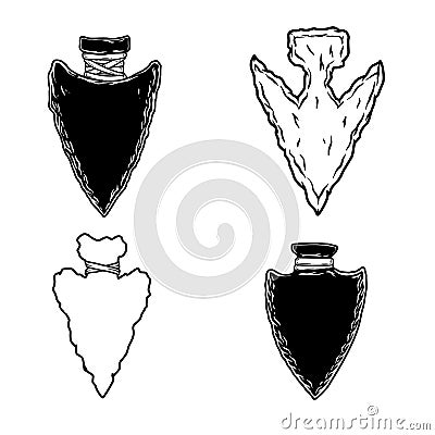Set of Illustration of stone arrowhead. Design element for poster, card, banner, logo, emblem. Vector Illustration