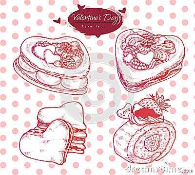 Set illustration of various kinds of cakes and cookies with fruit and berrys. Valentine`s day - delicious baking Cartoon Illustration