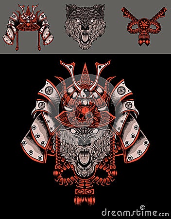 Set illustration wolf head with samurai helmet Vector Illustration
