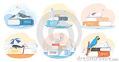 Set of illustrations about animals during global warming. Literature about climate change Vector Illustration