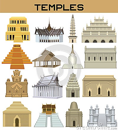 Set illustrations of architectural temples of different nations of the world Vector Illustration