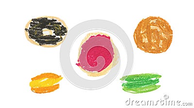Set of illustrations of baked goods drawn with wax crayons in a children`s style.Collection of images of Sweet food Cartoon Illustration